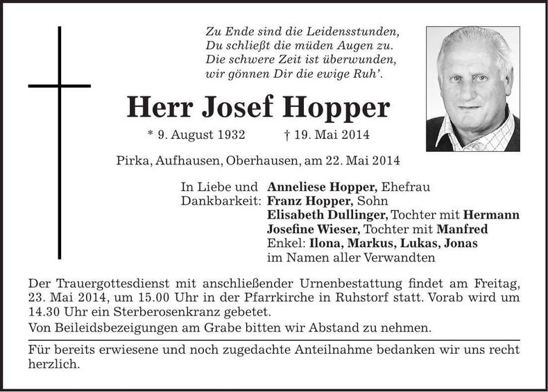 Traueranzeige Josef Hopper