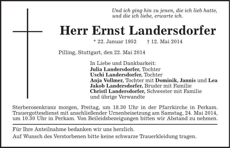 Traueranzeige Ernst Landersdorfer