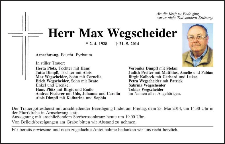 Traueranzeige Max Wegscheider