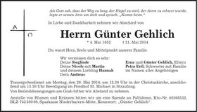 Traueranzeige Günter Gehlich