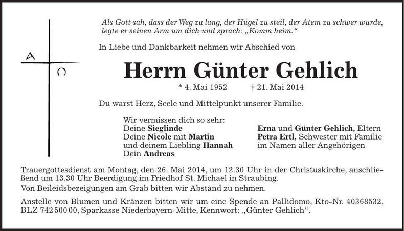 Traueranzeige Günter Gehlich