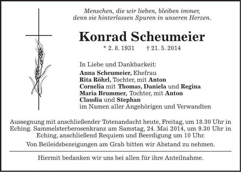 Traueranzeige Konrad Scheumeier