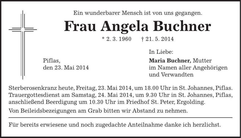 Traueranzeige Angela Buchner