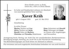 Traueranzeige Franz Xaver Kräh