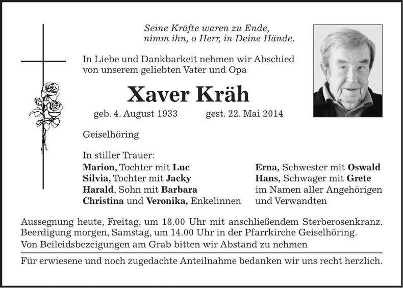 Traueranzeige Franz Xaver Kräh