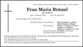 Traueranzeige Maria Bräunl