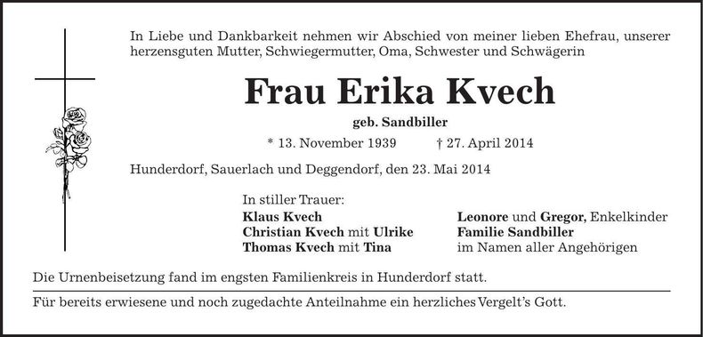 Traueranzeige Erika Kvech
