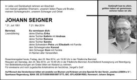 Traueranzeige Johann Seigner