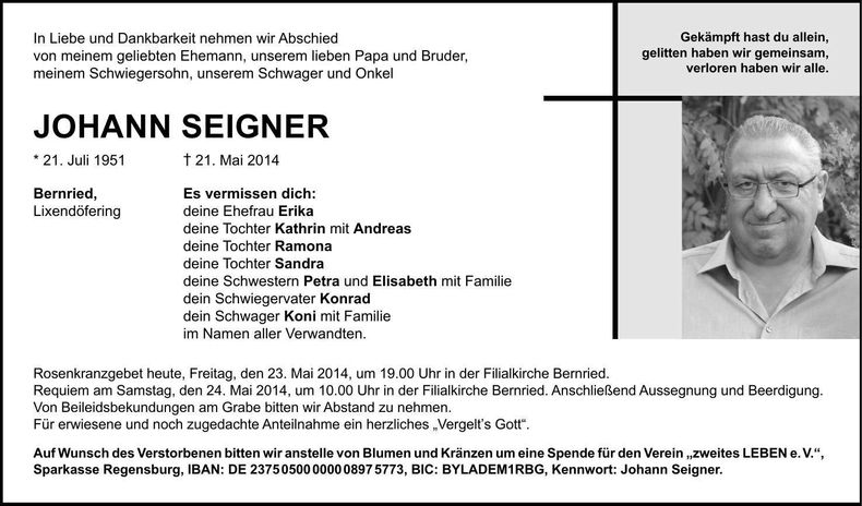 Traueranzeige Johann Seigner