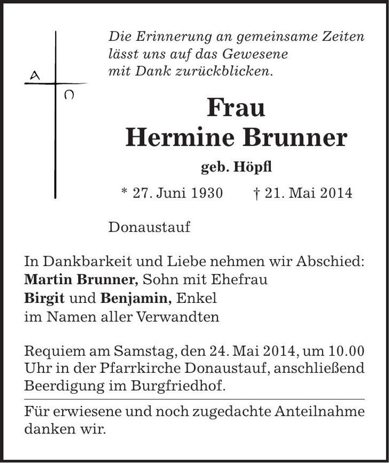 Traueranzeige Hermine Brunner