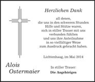 Traueranzeige Alois Ostermaier