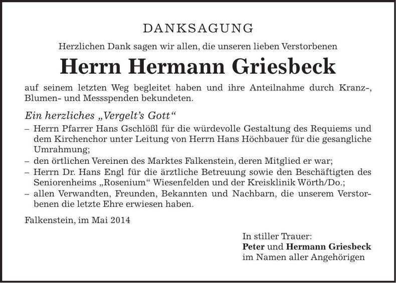 Traueranzeige Hermann Griesbeck