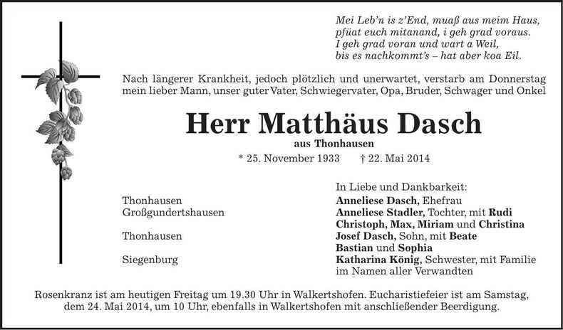 Traueranzeige Matthäus Dasch