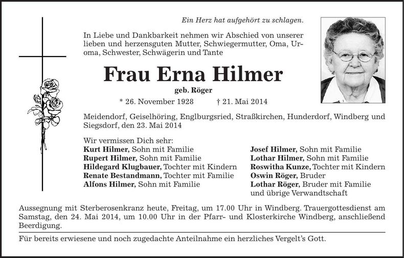 Traueranzeige Erna Hilmer