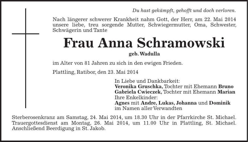 Traueranzeige Anna Schramowski
