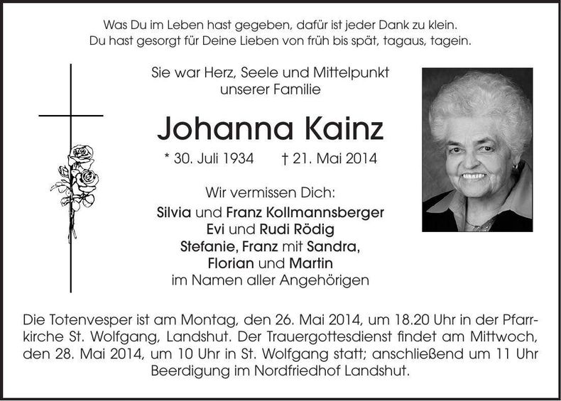 Traueranzeige Johanna Kainz