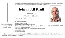 Traueranzeige Johann Riedl