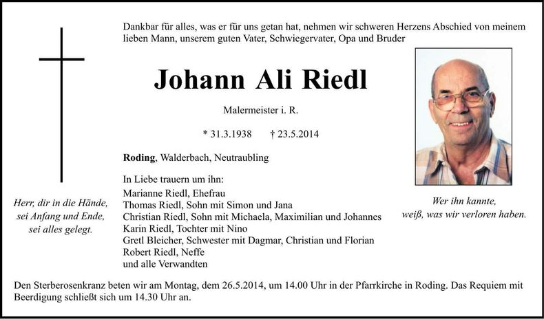 Traueranzeige Johann Riedl