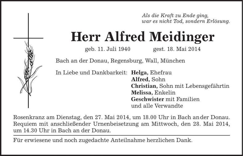 Traueranzeige Alfred Meidinger