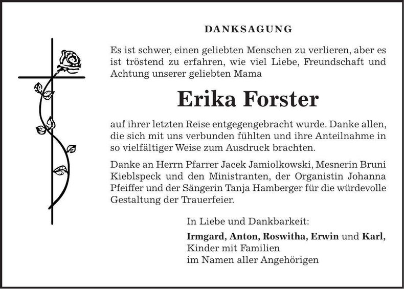 Traueranzeige Erika Forster