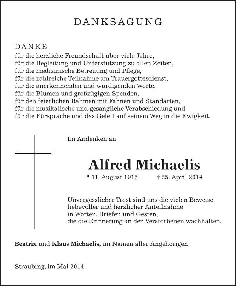 Traueranzeige Alfred Michaelis