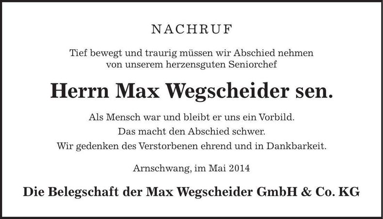 Traueranzeige Max Wegscheider