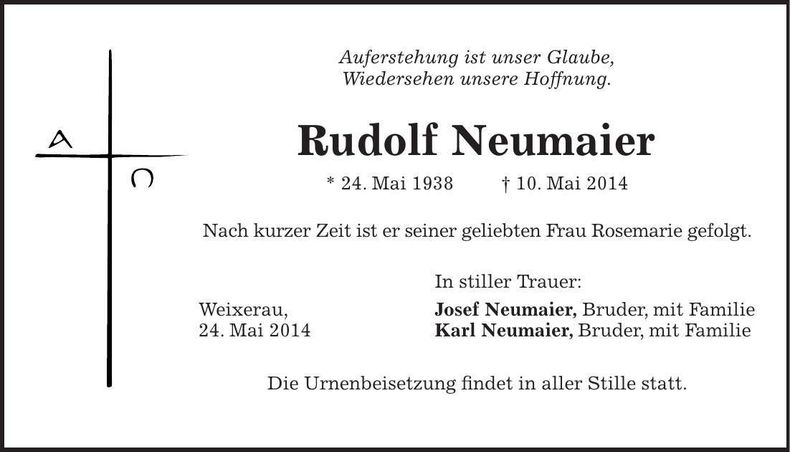 Traueranzeige Rudolf Neumaier