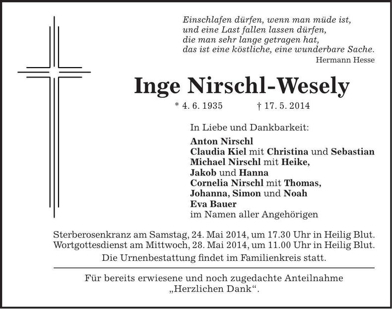 Traueranzeige Inge Nirschl-Wesely