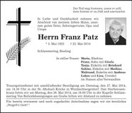 Traueranzeige Franz Patz