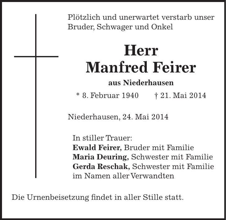 Traueranzeige Manfred Feirer