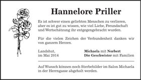 Traueranzeige Hannelore Priller