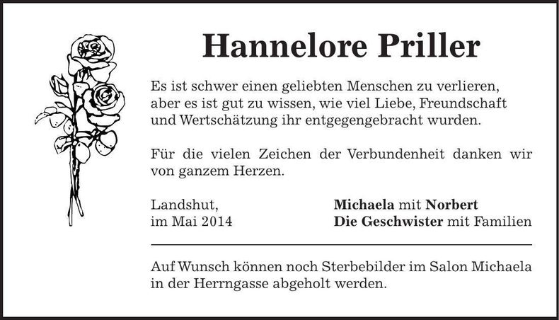 Traueranzeige Hannelore Priller