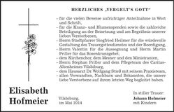 Traueranzeige Elisabeth Hofmeier