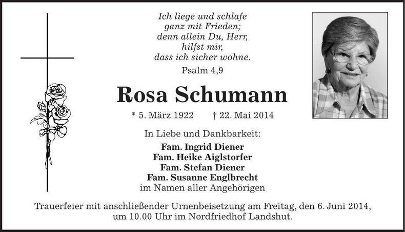 Traueranzeige Rosa Schumann