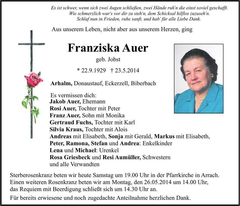 Traueranzeige Franziska Auer