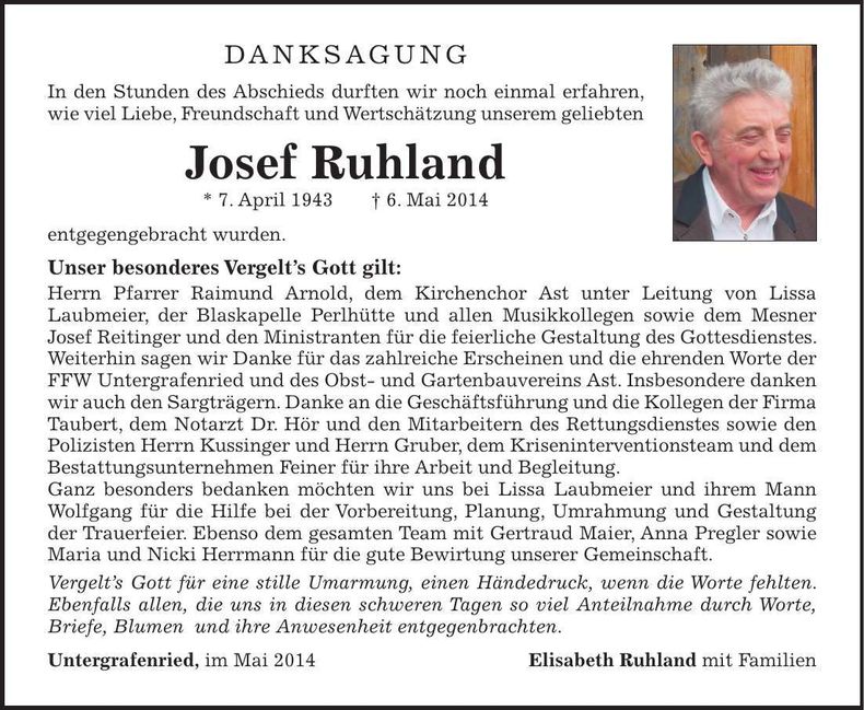 Traueranzeige Josef Ruhland