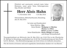 Traueranzeige Alois Hahn