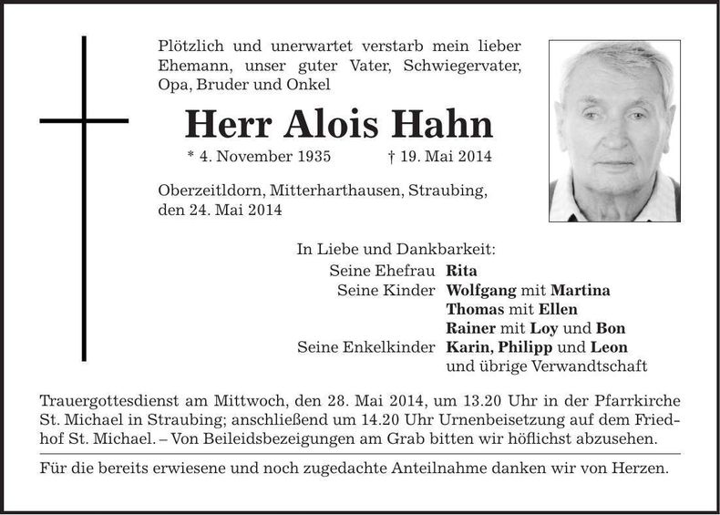 Traueranzeige Alois Hahn