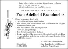 Traueranzeige Adelheid Brandmeier