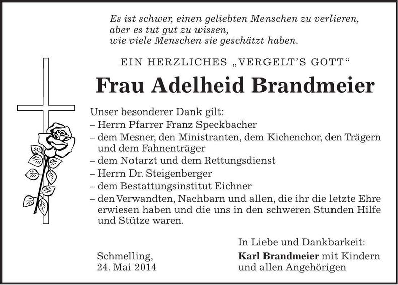 Traueranzeige Adelheid Brandmeier