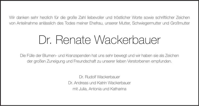 Traueranzeige Renate Dr. Wackerbauer