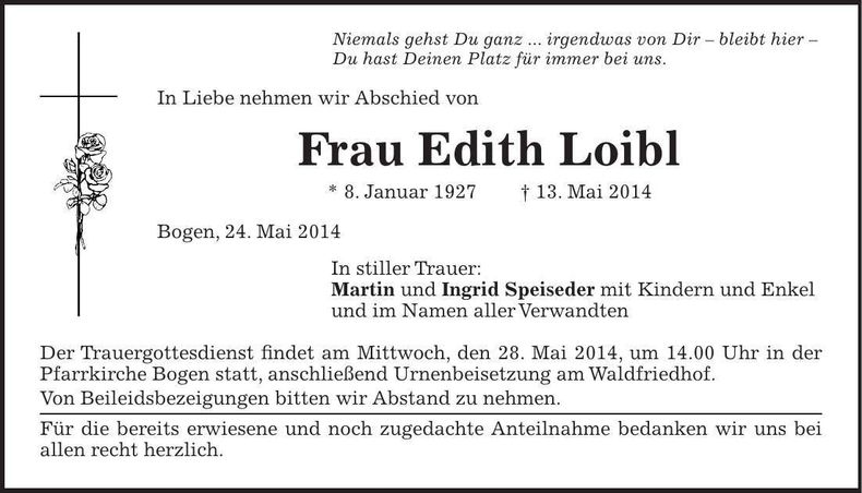 Traueranzeige Edith Loibl