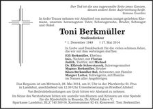 Traueranzeige Toni Berkmüller