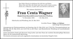 Traueranzeige Centa Wagner