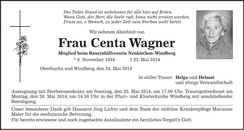 Traueranzeige Centa Wagner