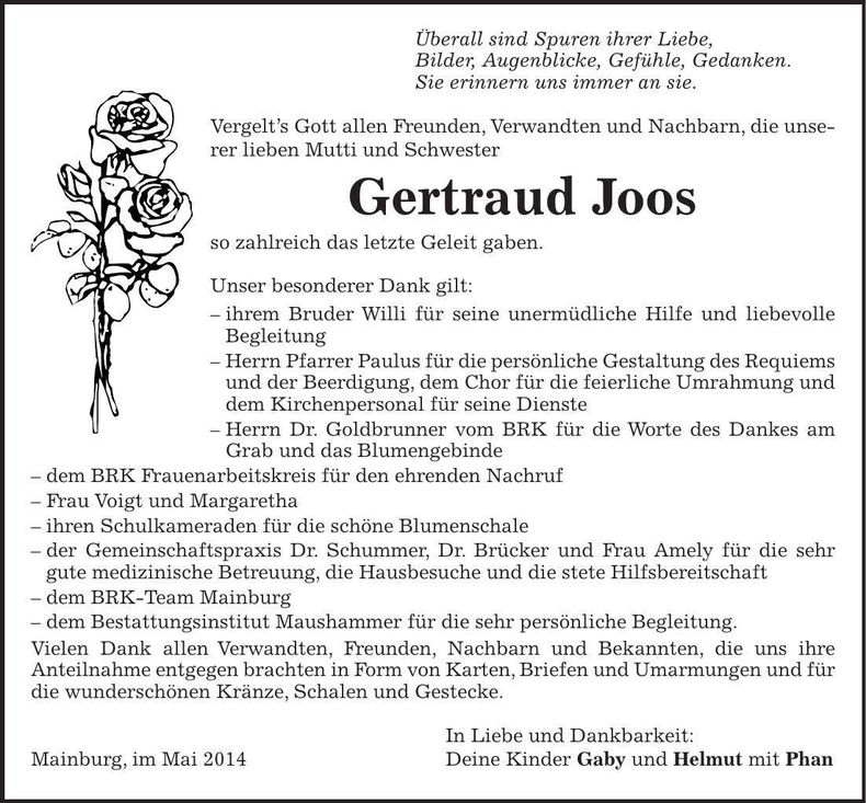 Traueranzeige Gertraud Joos