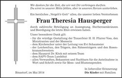 Traueranzeige Theresia Hausperger
