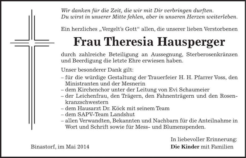 Traueranzeige Theresia Hausperger