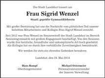 Traueranzeige Sigrid Wenzel