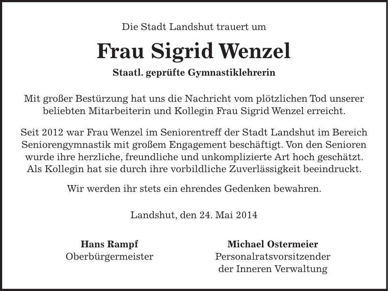 Traueranzeige Sigrid Wenzel